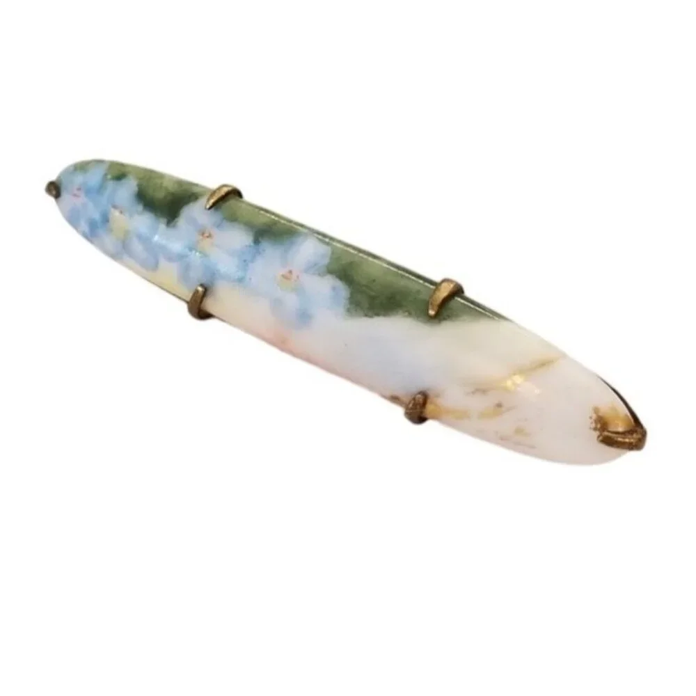 Blue Flower Oval Victorian Style Porcelain Bar Pin Brooch L55